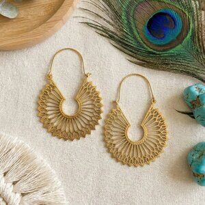 Artisanal 100% Brass Mandala Hoop Earrings Boho Tribal Filigree Drop Statement
